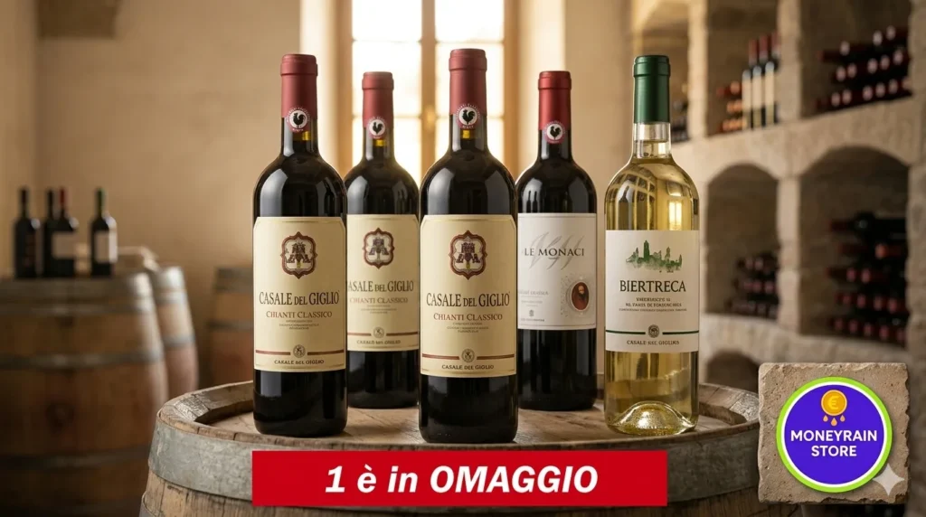 Miglior Vino Toscano 2026: Guida alle Eccellenze e Alle Offerte Esclusive Online Vino toscano 2026; 5 bottiglie di vino appoggiate su una botte con la scritta " 1 è in omaggio"