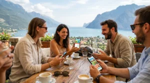 Un gruppo di amici ride insieme mentre usano le loro app tempo libero su smartphone in una terrazza panoramica sul Lago di Garda.